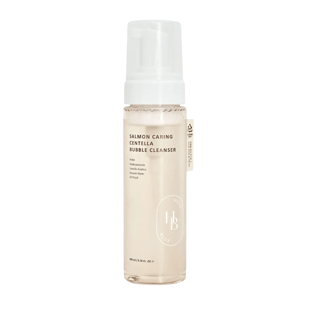 Heveblue Salmon Caring Centella Bubble Cleanser oczyszczanie twarzy – koreańska pianka oczyszczająca z Centella Asiatica i PDRN, która pomaga oczyścić pory, uspokoić skórę i nawilżyć.