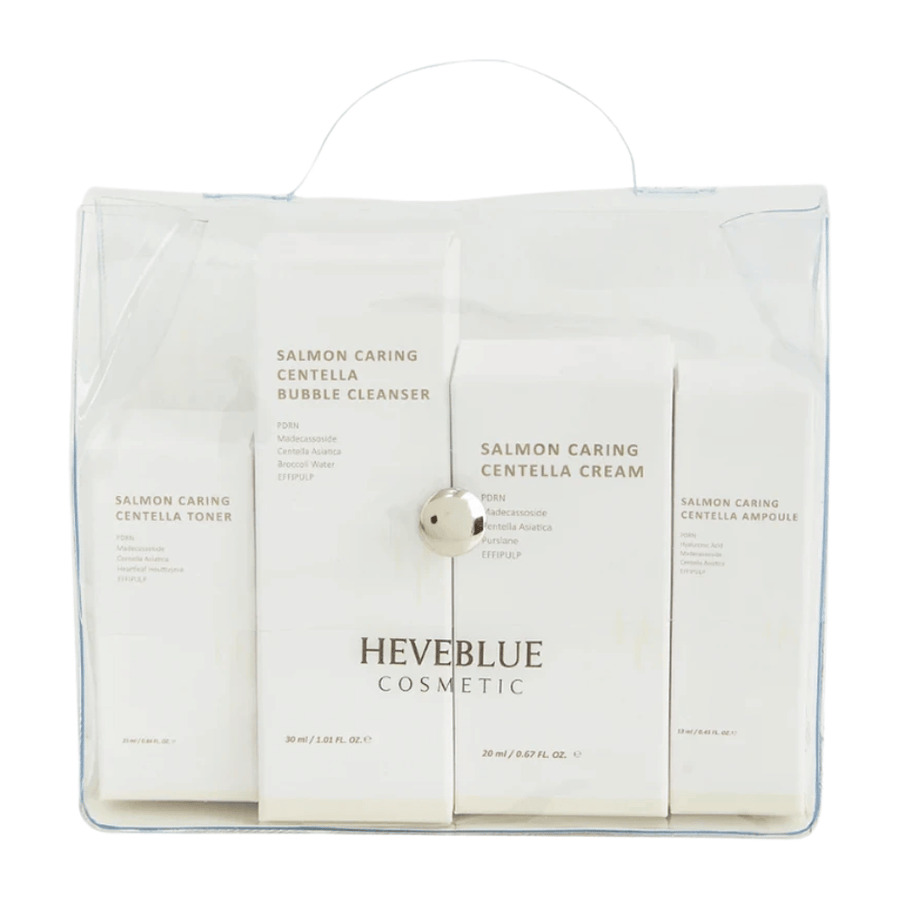 Heveblue Salmon Caring Centella Special Travel Kit zestaw do pielęgnacji skóry – koreańska rutyna pielęgnacyjna z tonik do twarzy, bubble cleanser, kremem i ampułką z Centella Asiatica oraz PDRN.