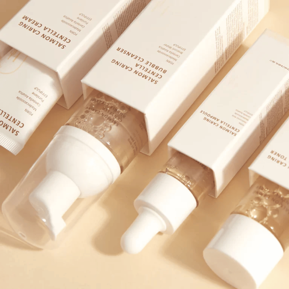 Heveblue Salmon Caring Centella Travel Kit zestaw do pielęgnacji skóry – koreańskie produkty pielęgnacyjne z Centella Asiatica i PDRN, które pomagają nawilżać, łagodzić skórę i wzmacniać barierę skórną.