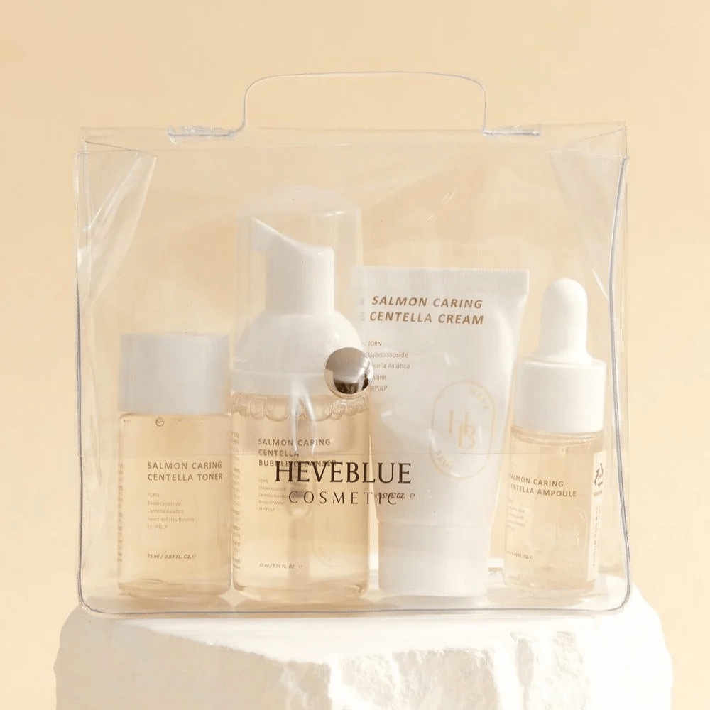 Heveblue Salmon Caring Centella Special Travel Kit – koreański zestaw do pielęgnacji skóry z tonik do twarzy, bubble cleanser, kremem i ampułką z Centella Asiatica oraz PDRN z łososia w praktycznym opakowaniu podróżnym.