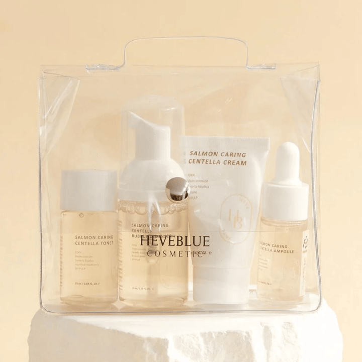Heveblue Salmon Caring Centella Special Travel Kit – koreański zestaw do pielęgnacji skóry z tonik do twarzy, bubble cleanser, kremem i ampułką z Centella Asiatica oraz PDRN z łososia w praktycznym opakowaniu podróżnym.