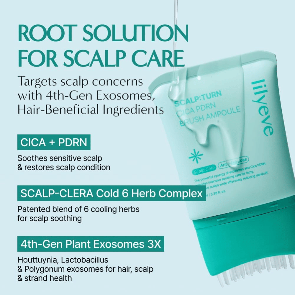 Zdjęcie produktu LILYEVE Scalp:Turn Cica PDRN Brush Ampoule z opisem kluczowych składników. Grafika podkreśla CICA, PDRN, chłodzący kompleks ziołowy oraz roślinne egzosomy, które pomagają koići pielęgnować wrażliwą skórę głowy.