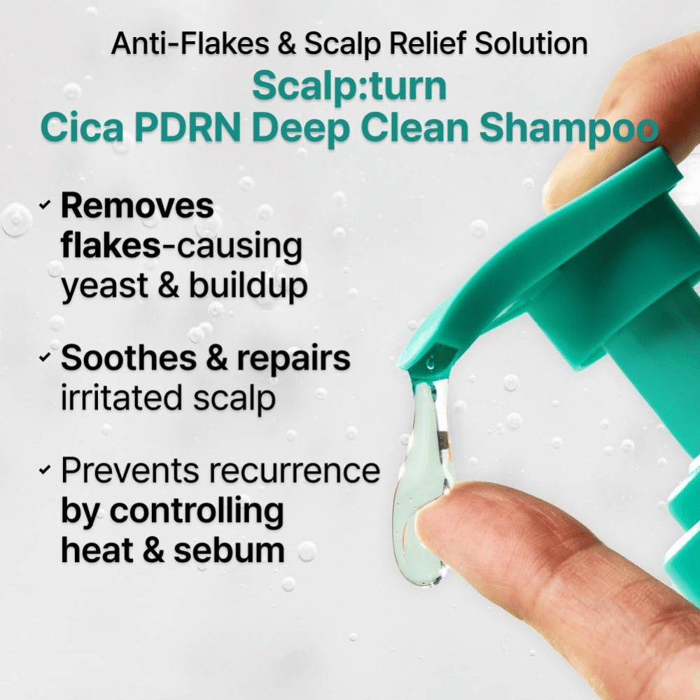 LILYEVE Scalp:Turn Cica PDRN Deep Clean Shampoo usuwa łupież, łagodzi podrażnioną skórę głowy i pomaga kontrolować sebum oraz problemy skóry głowy związane z ciepłem.