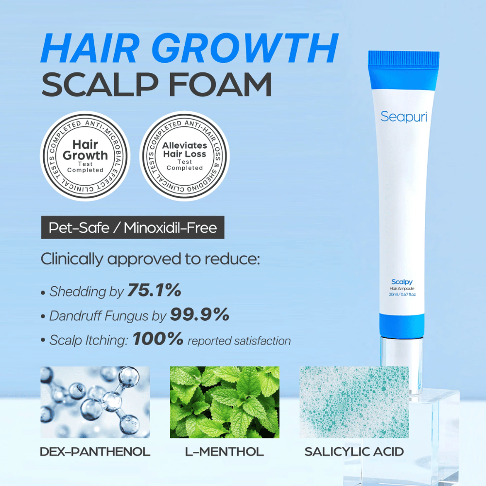 Seapuri Scalpy Hair Serum pokazany z tekstem podkreślającym klinicznie udowodnione działanie: zmniejszenie wypadania włosów i łupieżu, zwiększenie wzrostu włosów i uspokojenie skóry głowy.