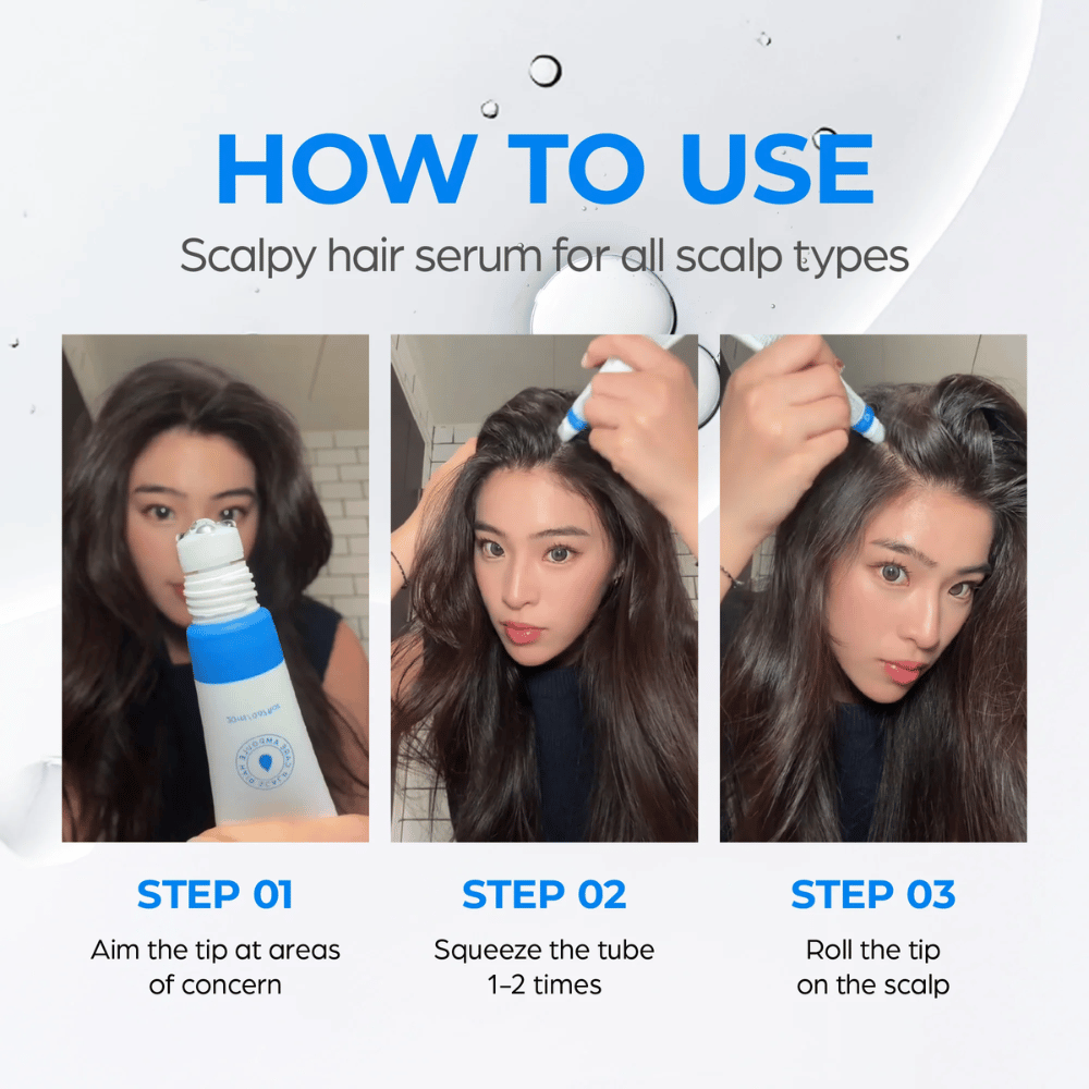 Kobieta nakłada Seapuri Scalpy Hair Serum na skórę głowy. Przewodnik krok po kroku pokazuje, jak skierować, nacisnąć i przetoczyć aplikator dla najlepszych rezultatów.