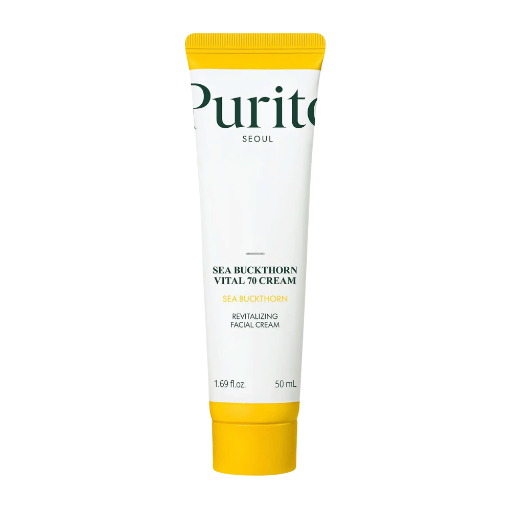 2. Purito SEOUL Sea Buckthorn Vital 70 Cream 50 ml – nawilżający krem do twarzy z 70% ekstraktem z rokitnika w białej tubce z żółtą zakrętką na białym tle