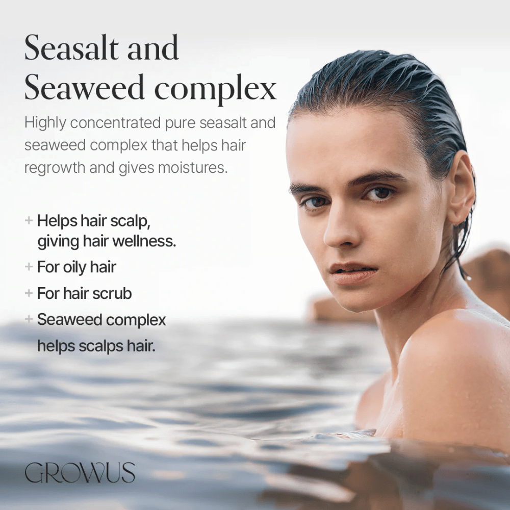 GROWUS Sea Salt Therapy Shampoo z kompleksem z wodorostów, który łagodzi skórę głowy i pasuje do tłustych włosów