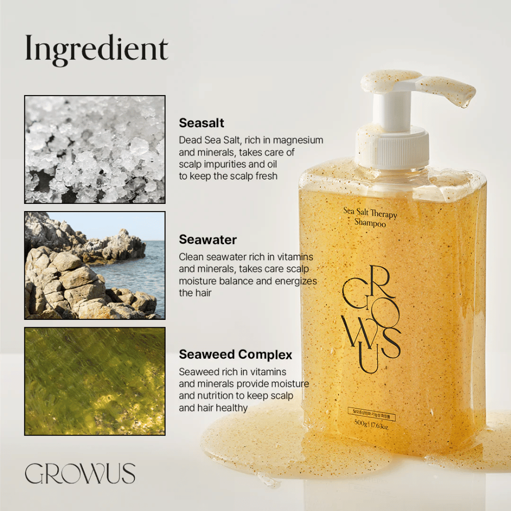 Składniki w GROWUS Sea Salt Therapy Shampoo z solą morską, wodą morską i kompleksem z wodorostów dla skóry głowy