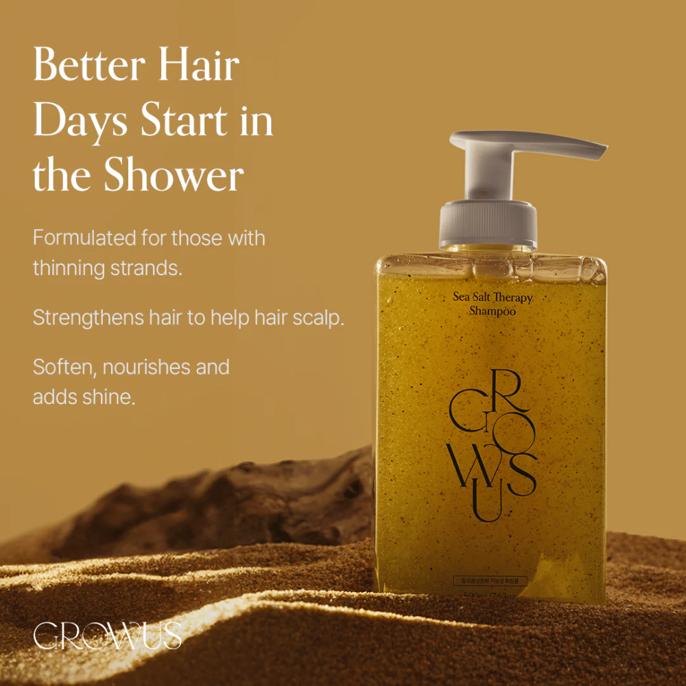 GROWUS Sea Salt Therapy Shampoo który wzmacnia cienkie włosy, nadaje blasku i pielęgnuje skórę głowy z solą morską