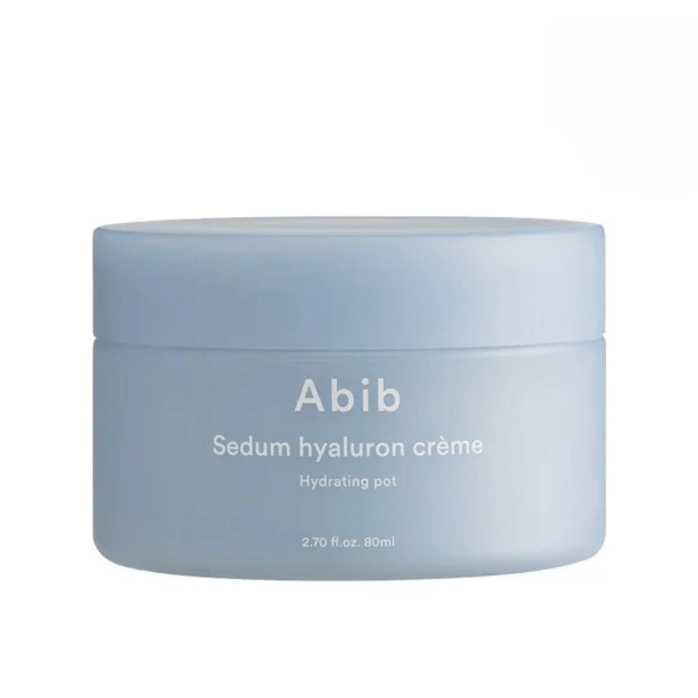 Abib Sedum Hyaluron Crème Hydrating Pot 80 ml w eleganckim, jasnoniebieskim okrągłym słoiku z białym napisem.