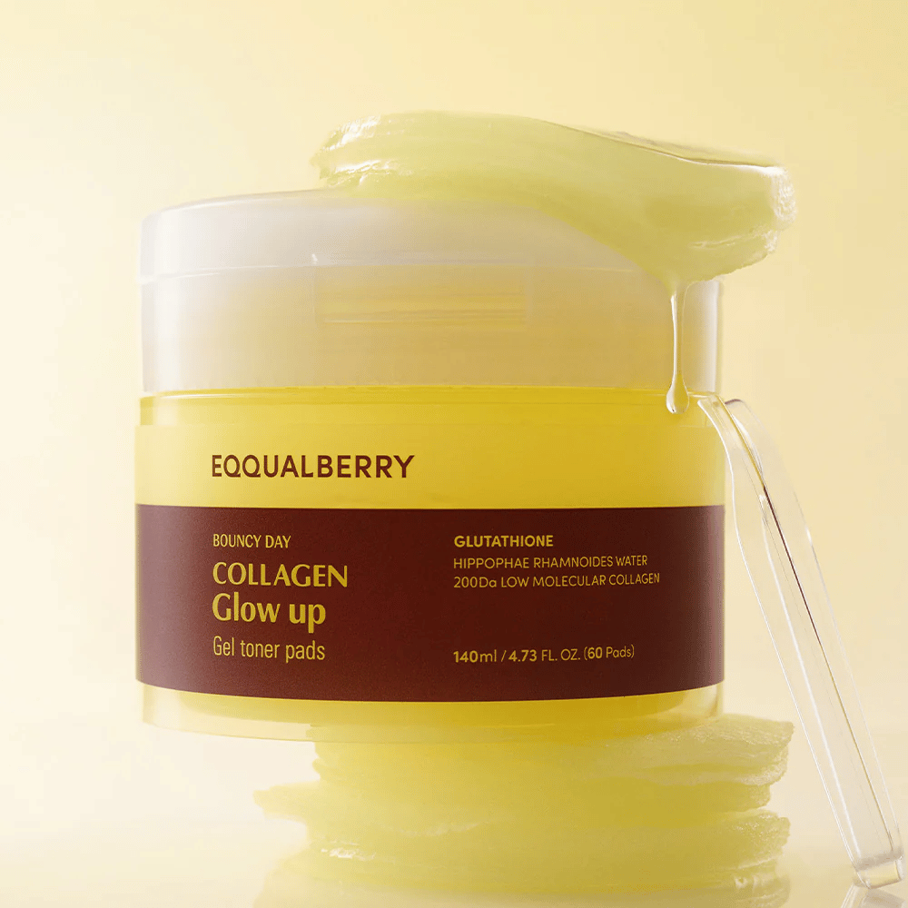Bouncy Day Collagen Glow up Gel Toner Pads zawierający niskocząsteczkowy kolagen i glutation, aby nadać skórze zdrowy blask i nawilżenie.