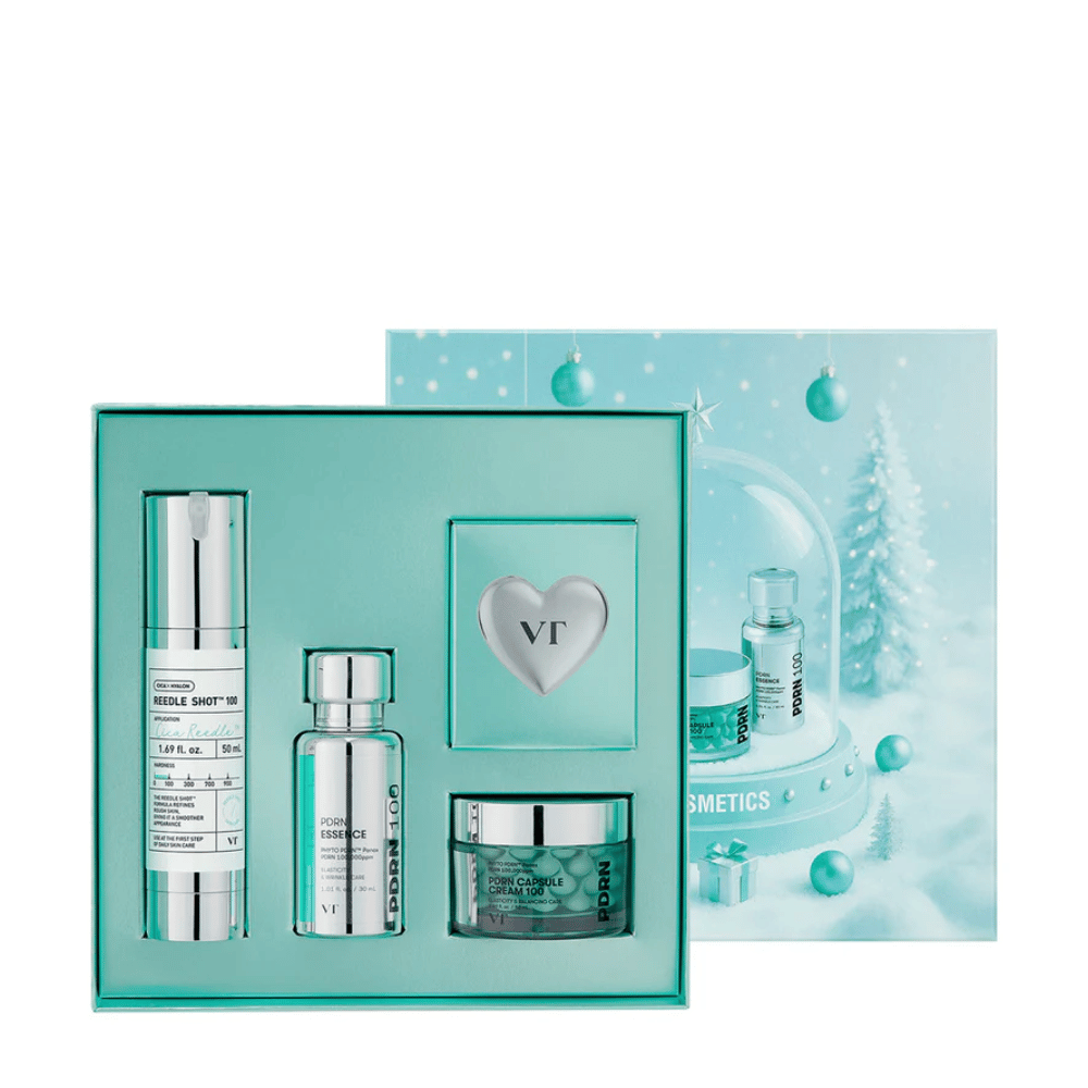 VT Cosmetics Shining Holiday Set – eleganckie pudełko prezentowe z Reedle Shot 100, PDRN Essence, PDRN Capsule Cream i breloczkiem.