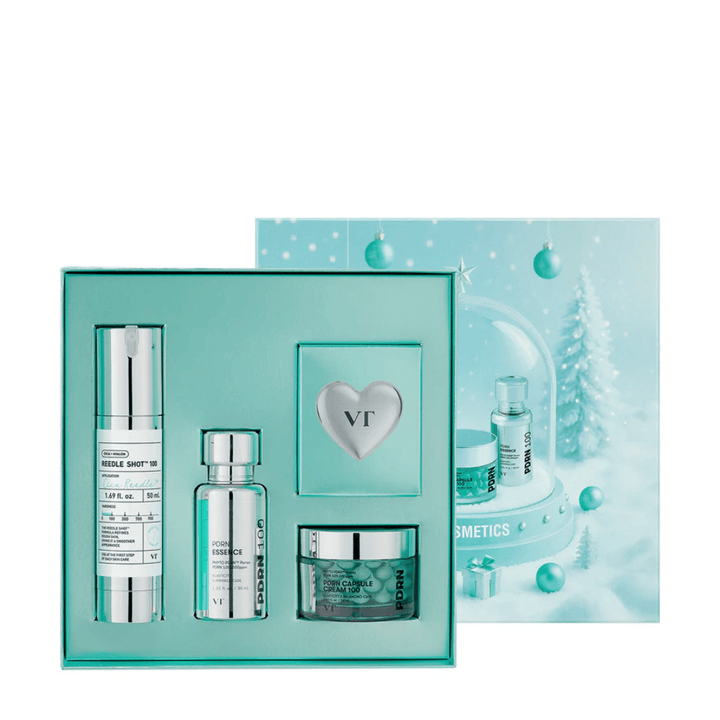VT Cosmetics Shining Holiday Set – eleganckie pudełko prezentowe z Reedle Shot 100, PDRN Essence, PDRN Capsule Cream i breloczkiem.