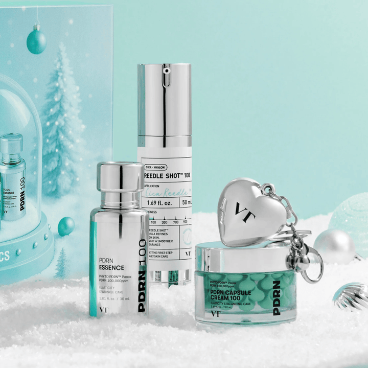 VT Cosmetics Shining Holiday Set – luksusowe Zestaw do pielęgnacji skóry z PDRN Essence, Reedle Shot 100 i PDRN Capsule Cream w zimowej inspiracji.