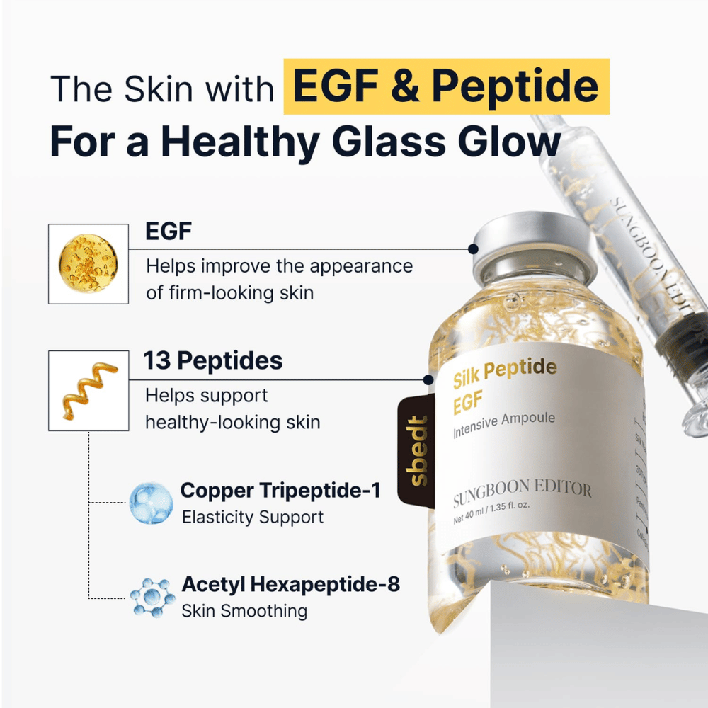 Silk Peptide EGF Intensive Ampoule zawiera EGF, 13 peptydów oraz tripeptyd miedziowy-1 i acetylheksapeptyd-8, które wspólnie pomagają wspierać elastyczność skóry, poprawiać jej wygląd i nadawać jej naturalny blask.