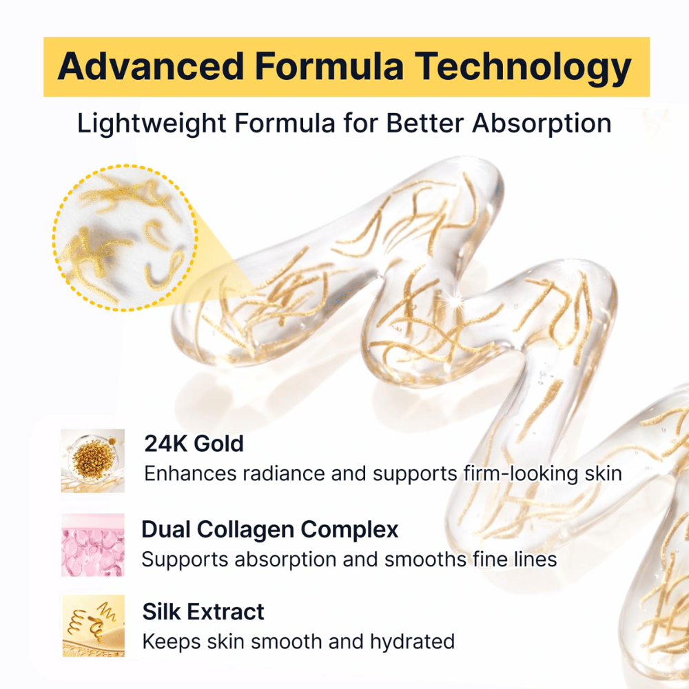 Silk Peptide EGF Intensive Ampoule łączy 24-karatowe złoto, ekstrakt z jedwabiu i kompleks podwójnego kolagenu, aby nadać skórze blask, nawilżenie i bardziej jędrne odczucie, a jednocześnie lekka formuła szybko się wchłania.