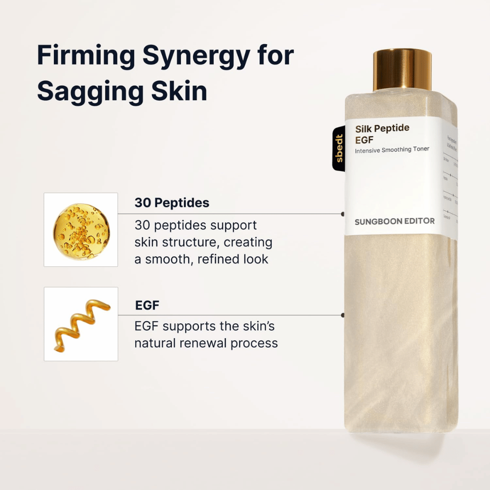 SUNGBOON EDITOR Silk Peptide EGF Intensive Smoothing Toner – tonik do twarzy z 30 peptydami i EGF dla bardziej jednolitej skóry