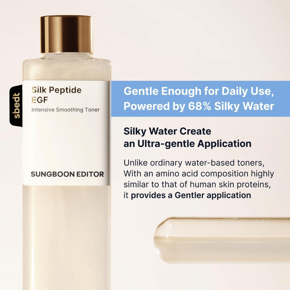 SUNGBOON EDITOR Silk Peptide EGF Intensive Smoothing Toner – delikatny tonik do twarzy z 68% silky water do codziennego stosowania