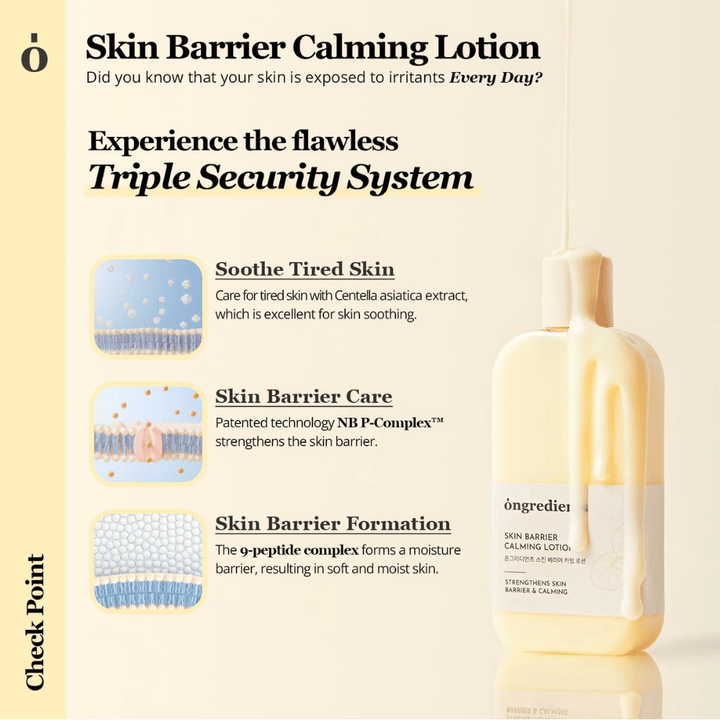 Ongredients Skin Barrier Calming Lotion z Centella Asiatica i peptydami, które łagodzą skórę, wzmacniają barierę skórną i zapewniają długotrwałe nawilżenie.