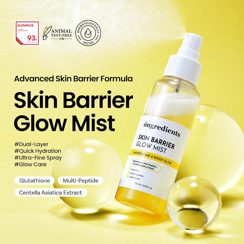 Ongredients Skin Barrier Glow Mist 100 ml mgiełki do twarzy z ceramidami, peptydami i Centella Asiatica dla nawilżenia i wzmocnienia bariery ochronnej skóry.