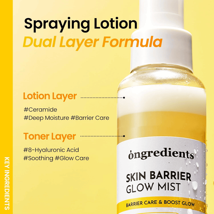 Ongredients Skin Barrier Glow Mist dwufazowa mgiełka do twarzy z kwasem hialuronowym i ceramidami, która zapewnia głębokie nawilżenie i chroni barierę ochronną skóry.