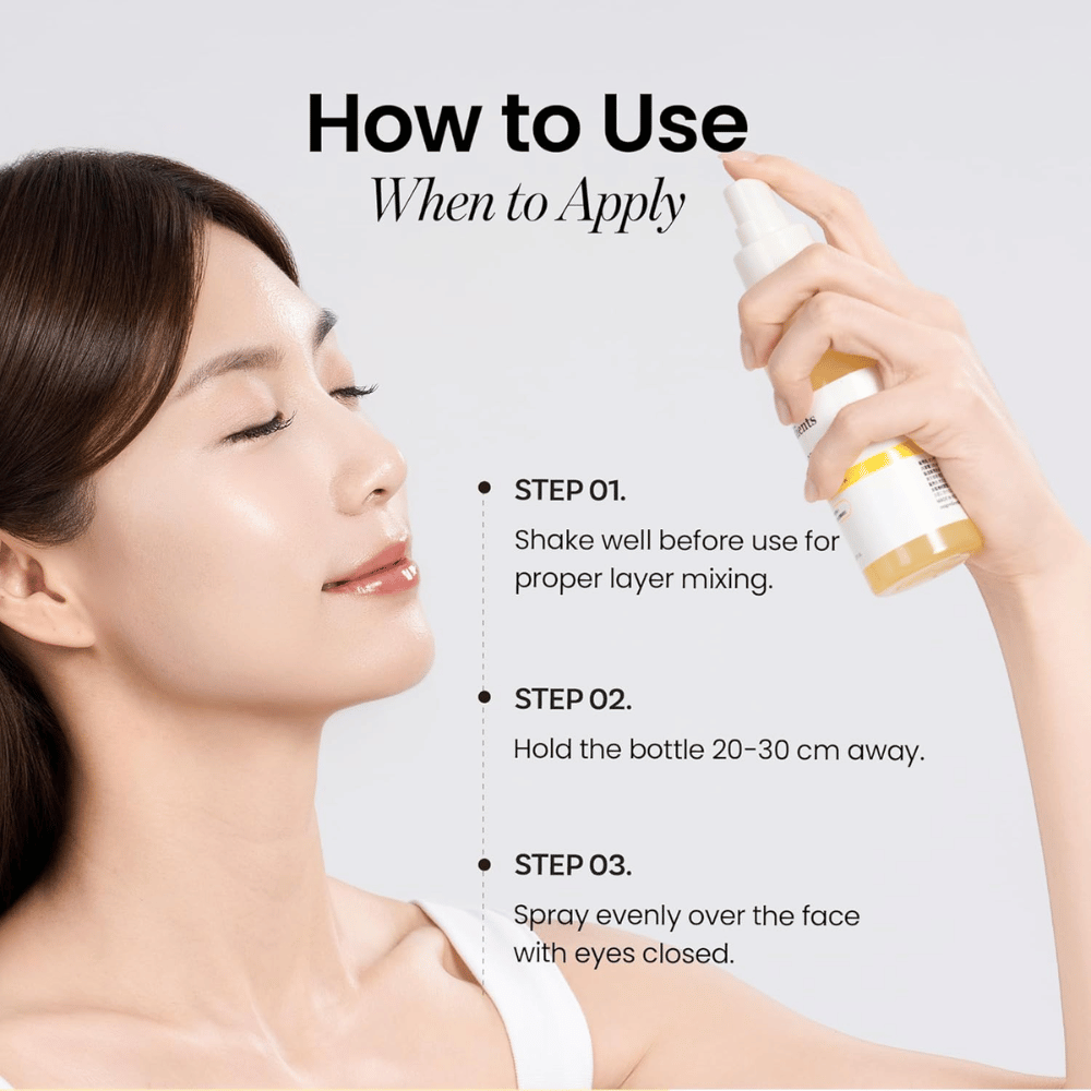 Ongredients Skin Barrier Glow Mist stosować jako mgiełkę do twarzy z odległości 20–30 cm od skóry dla szybkiego nawilżenia, blasku i odświeżenia w ciągu dnia.