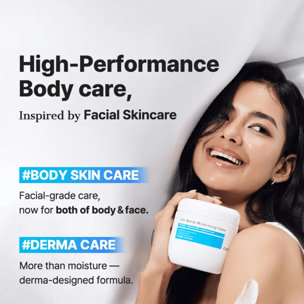 Kobieta z COSRX Skin Barrier Cream – potężna pielęgnacja ciała z jakością pielęgnacji twarzy i formułą dermatologiczną.