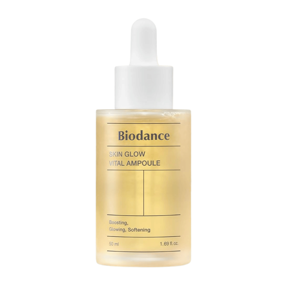 Butelka z Biodance Skin Glow Vital Ampoule, ampułką do twarzy, która wzmacnia, nadaje blask i zmiękcza skórę. Zawiera 50 ml i jest zaprojektowana, aby zapewnić skórze promienne i witalizujące uczucie.