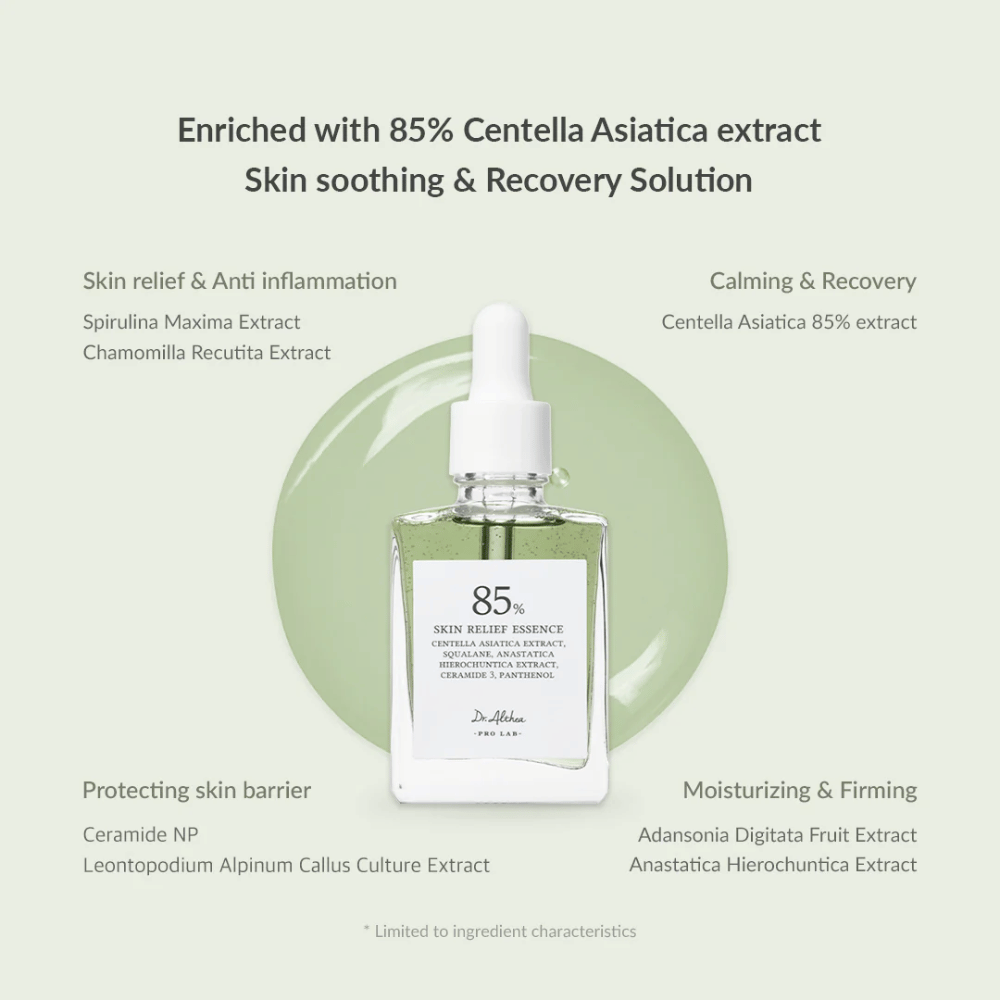 Dr. Althea Skin Relief Essence jest wzbogacony o 85% ekstraktu z Centella Asiatica i oferuje kojące i regenerujące działanie. Zawiera składniki przeciwzapalne, takie jak spirulina i rumianek, ceramidy wzmacniające barierę skórną oraz nawilżające ekstrakty z baobabu i anastatica. Idealny dla skóry wrażliwej, zaczerwienionej i zestresowanej.