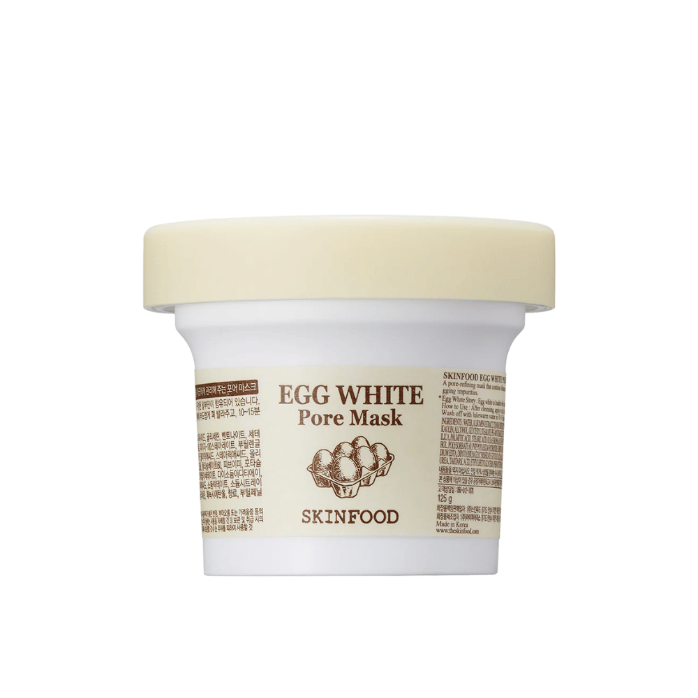 EN SKINFOOD Egg White Pore Mask 120g na białym tle, zaprojektowany do oczyszczania porów i poprawy skóry.