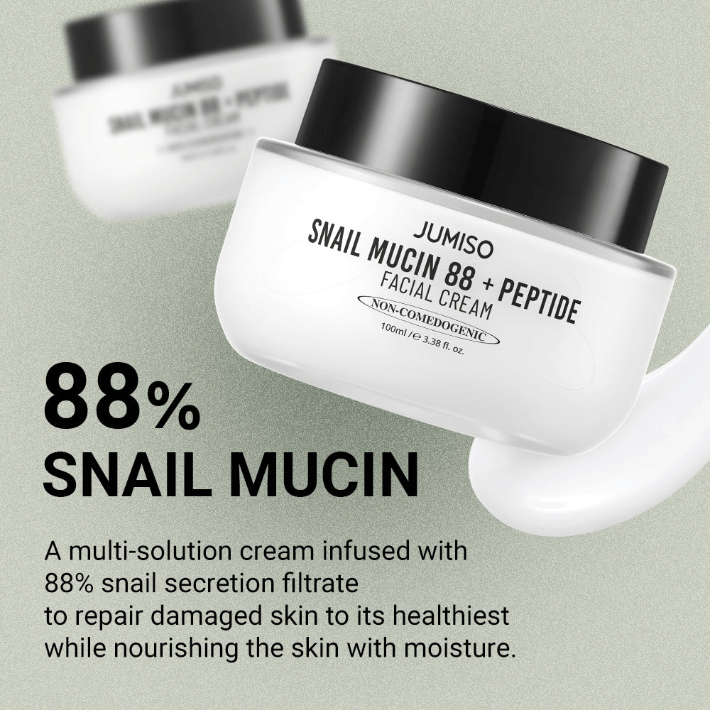 JUMISO Snail Mucin 88 + Peptide Facial Cream z 88% filtrem wydzieliny ślimaka, zaprojektowany do naprawy uszkodzonej skóry i głębokiego nawilżania. Tekst na obrazie opisuje jego właściwości odbudowujące i nawilżające.
