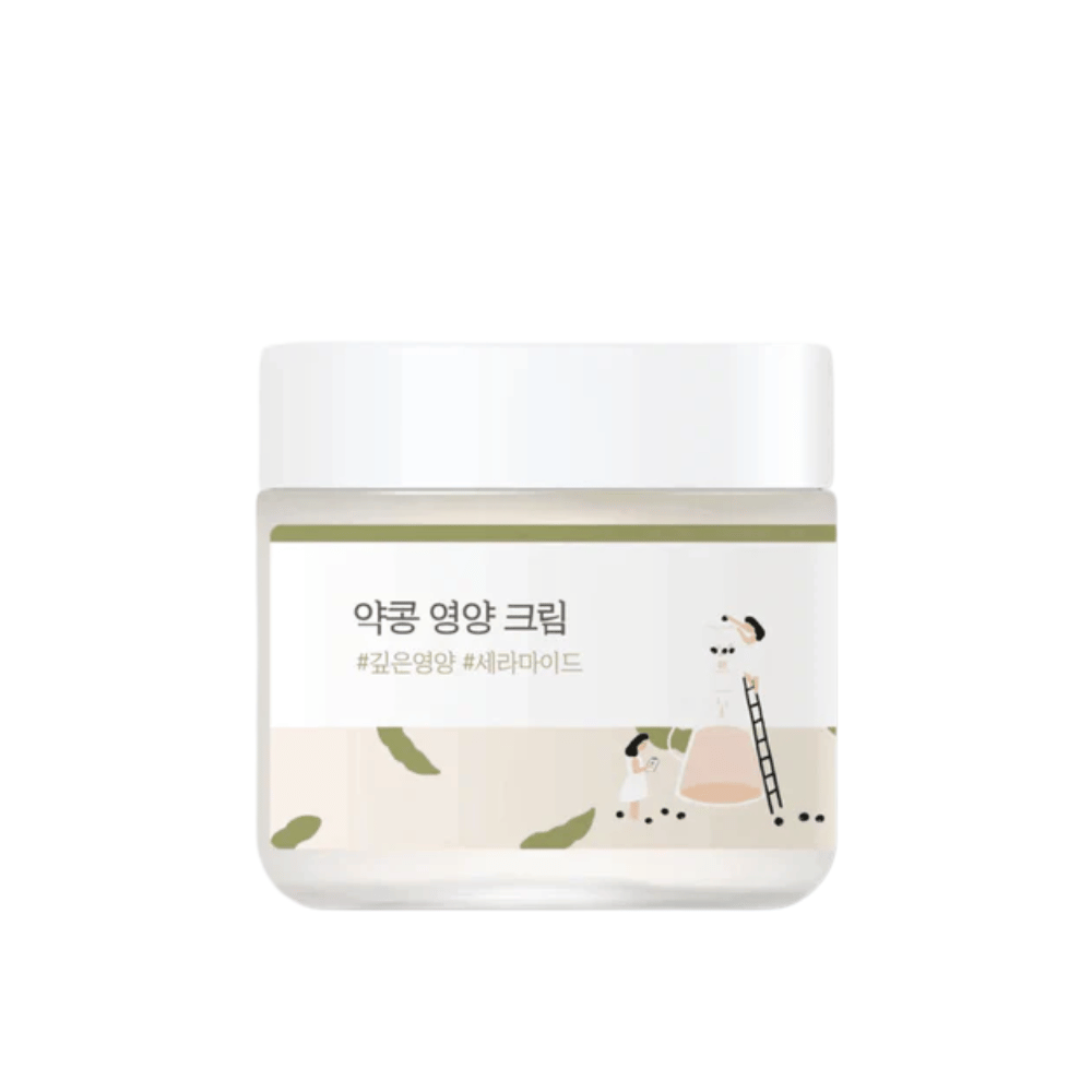 Mixsoon Soybean Nourishing Cream w szklanym słoiku z białą pokrywką i zieloną etykietą. Głęboko odżywczy krem dla suchej i wrażliwej skóry.