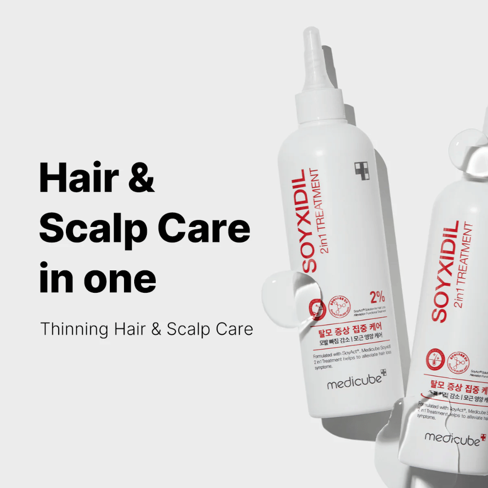 Medicube Soyxidil 2in1 Treatment przedstawiony z tekstem „Hair & Scalp Care in one – Thinning Hair & Scalp Care”. Dla mocniejszych włosów i zdrowszej skóry głowy.