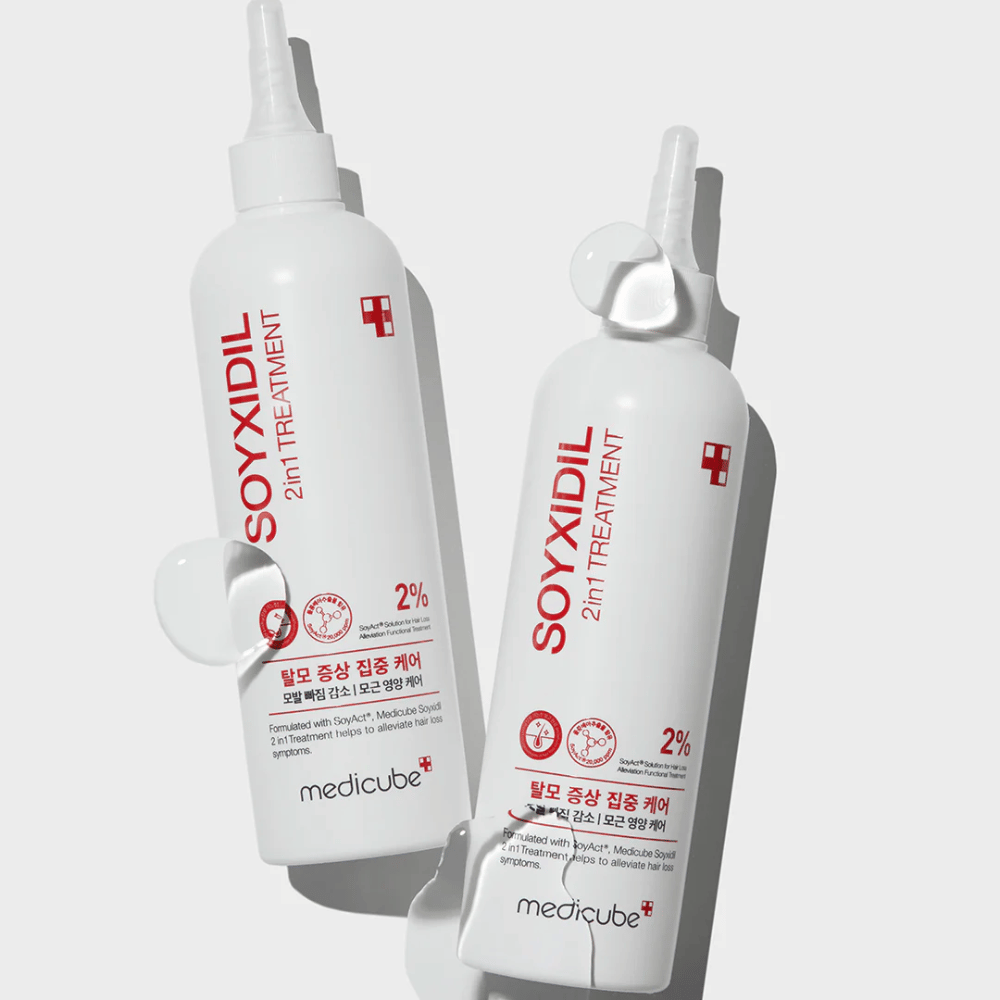 Dwie butelki Medicube Soyxidil 2in1 Treatment z wyraźnym tekstem „2% SoyAct™ Solution”. Pielęgnacyjna kuracja przeciw wypadaniu włosów i suchej skórze głowy.