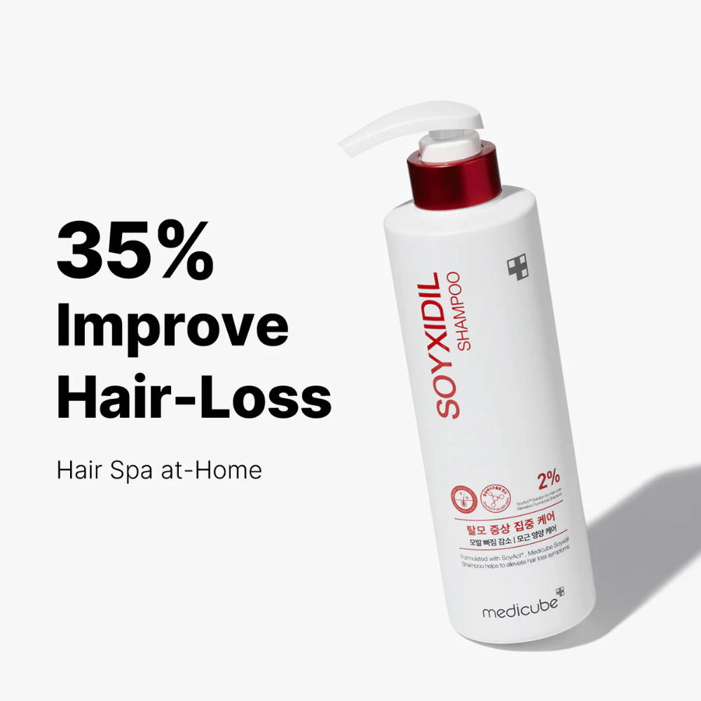 Medicube Soyxidil Shampoo pokazane z tekstem: „35% Poprawa wypadania włosów – domowe spa dla włosów”. Szampon przeciw wypadaniu włosów i dla zdrowej skóry głowy.