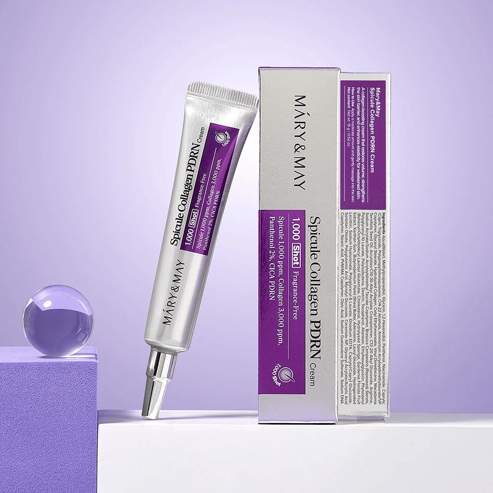 Mary & May Spicule Collagen PDRN Cream obok oryginalnego opakowania, regenerujący krem do twarzy z kolagenem, PDRN i spicule.