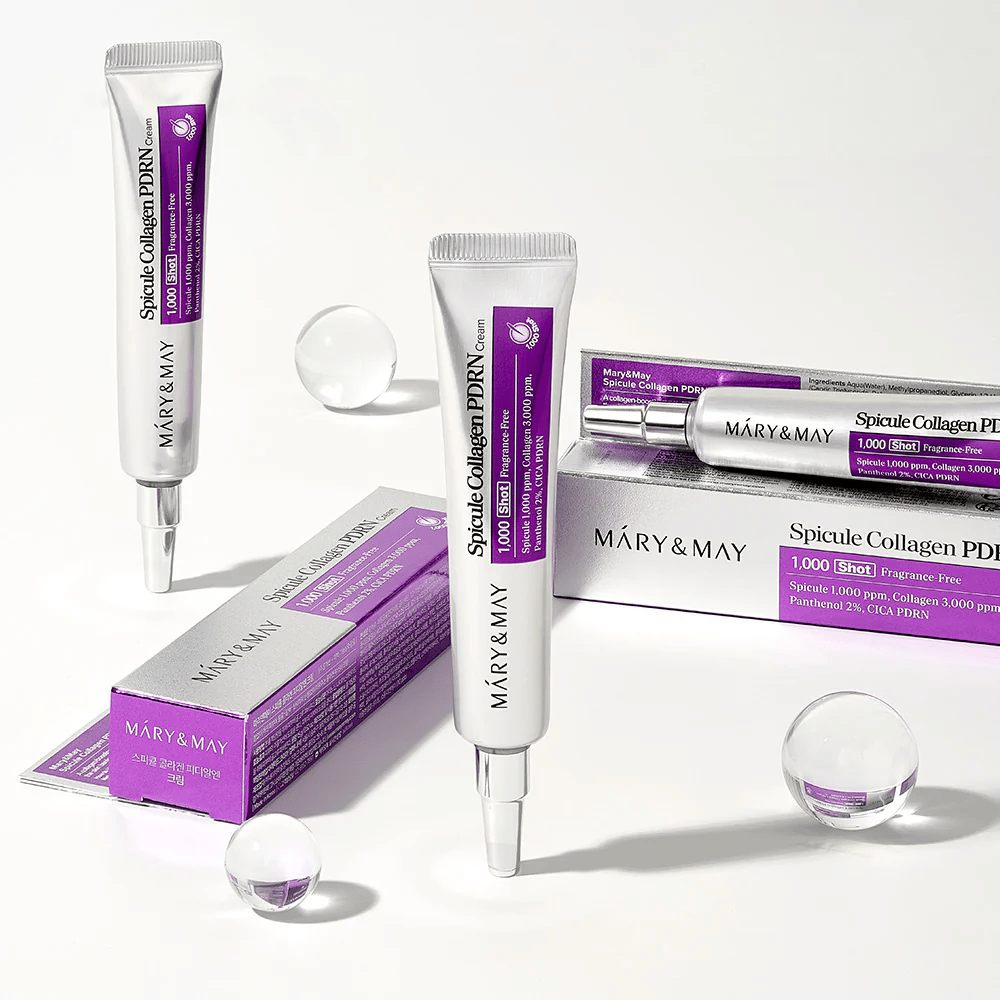 Mary & May Spicule Collagen PDRN Cream w tubie z opakowaniem, koreańska pielęgnacja skóry ze spicule, kolagenem i PDRN dla odnowy skóry i poprawy elastyczności.