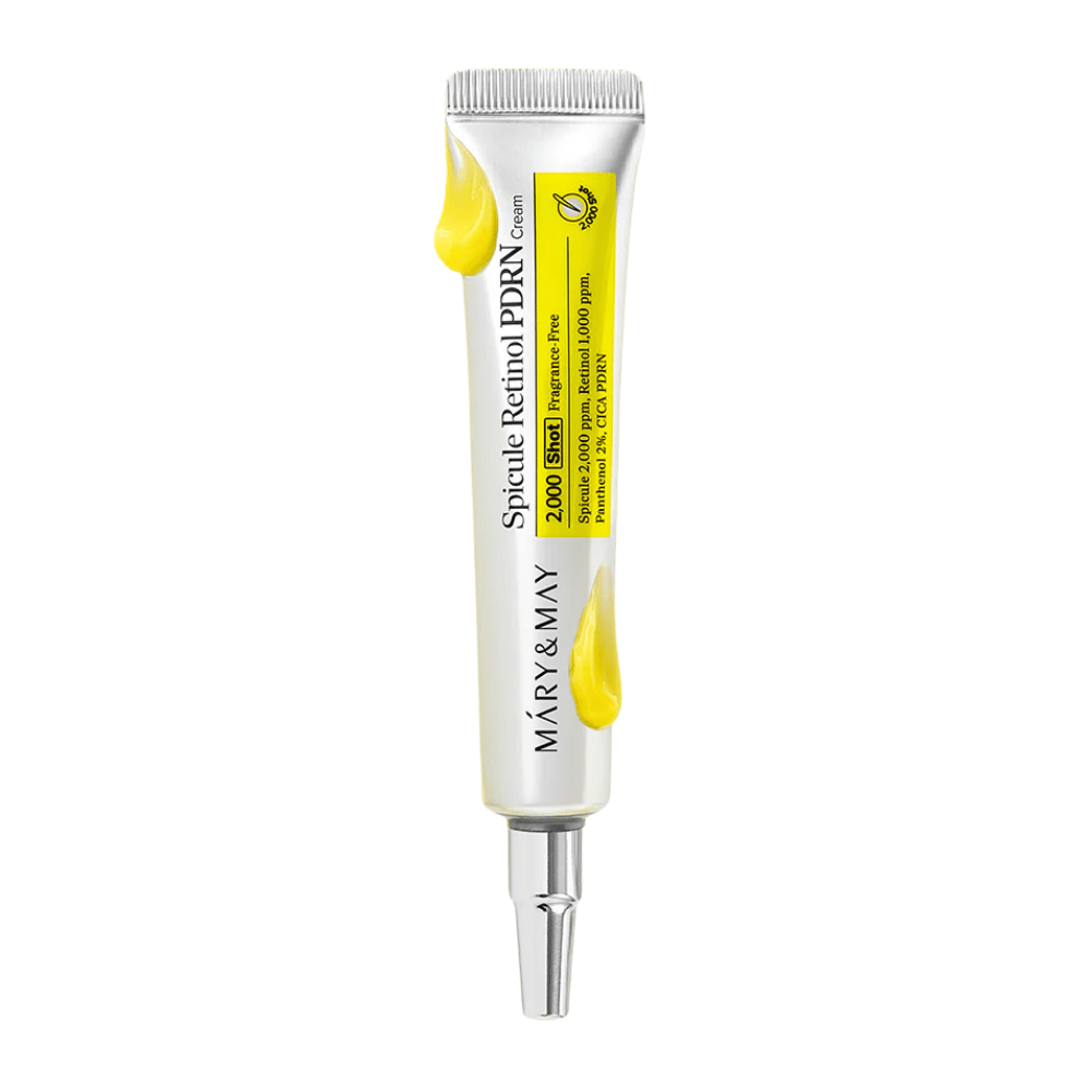 Zdjęcie produktu MARY & MAY Spicule Retinol PDRN Cream w tubie na białym tle, aktywny krem do twarzy z retinolem i PDRN odpowiedni dla dojrzałej i nierównej skóry.