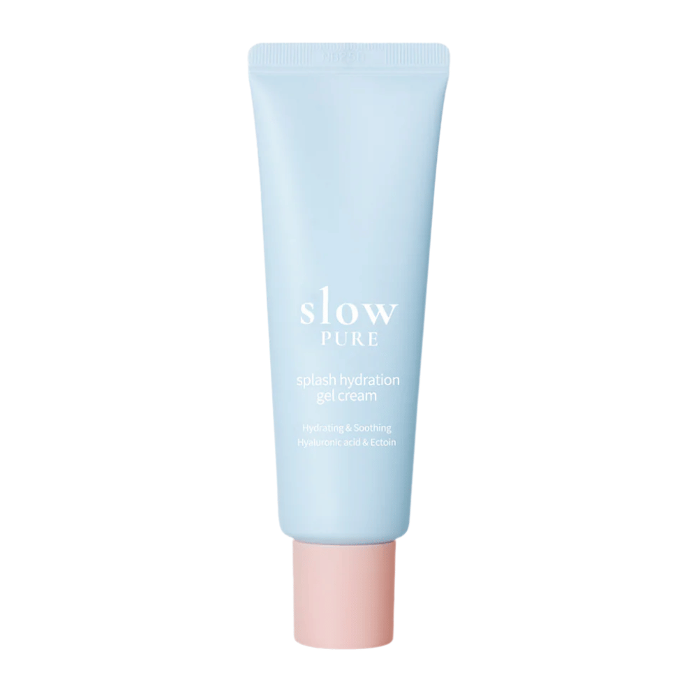 Slow Pure Splash Hydration Gel Cream w niebieskiej tubce z różową nakrętką, nawilżający krem-żel z kwasem hialuronowym i ectoiną.