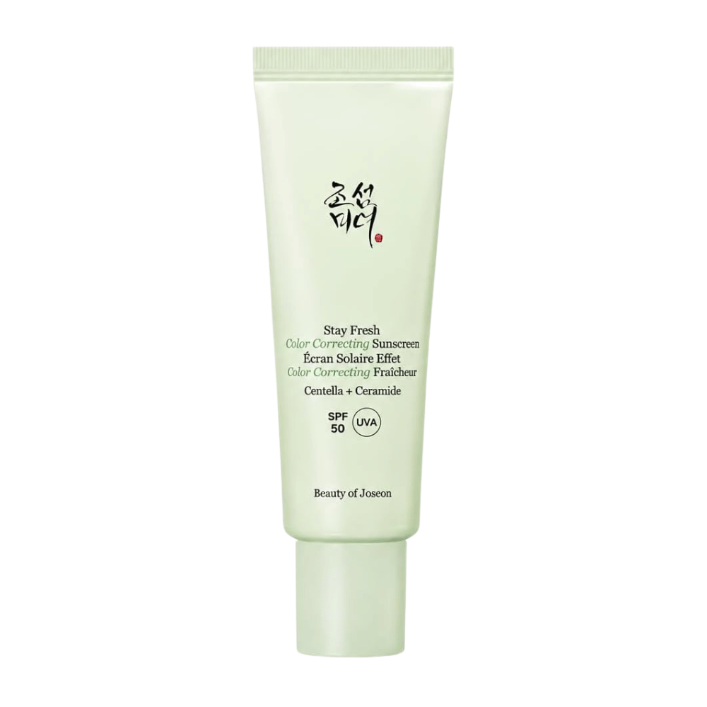 5. Beauty of Joseon Stay Fresh Color Correcting Sunscreen SPF 50 – zielony krem przeciwsłoneczny korygujący kolor na białym tle