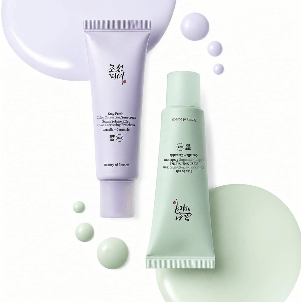 3. Beauty of Joseon Stay Fresh Color Correcting Sunscreen SPF 50 – zielony i fioletowy krem przeciwsłoneczny z próbkami kolorów