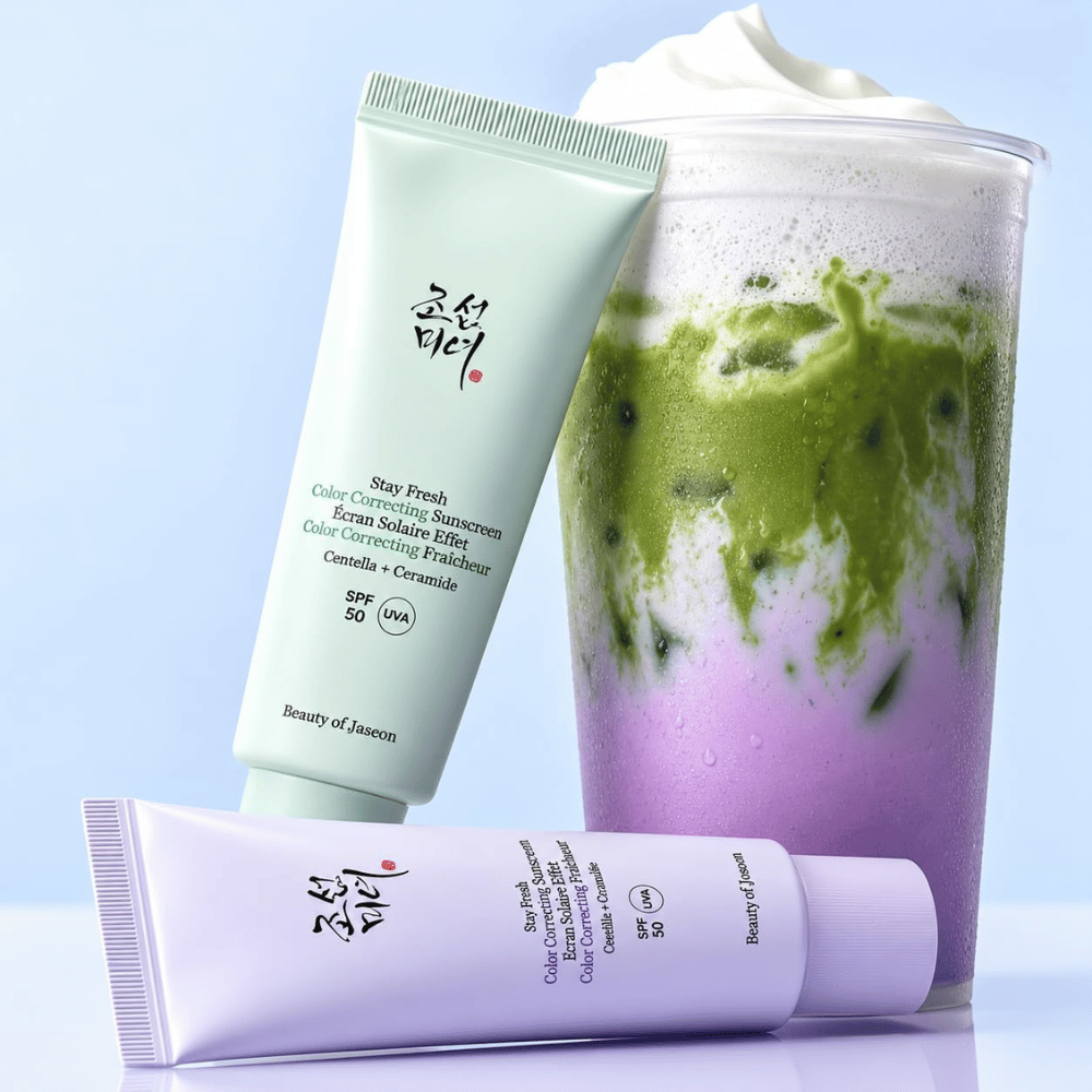 1. Beauty of Joseon Stay Fresh Color Correcting Sunscreen SPF 50 – zielony i fioletowy krem przeciwsłoneczny z dopasowanym napojem