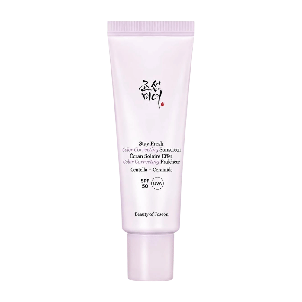 4. Beauty of Joseon Stay Fresh Color Correcting Sunscreen SPF 50 – fioletowy krem przeciwsłoneczny korygujący kolor na białym tle