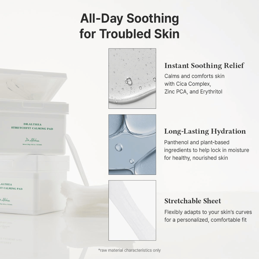 Obraz – efekt / korzyści (konwersja)
Dr. Althea Stretchfit Calming Pad które zapewniają długotrwałe nawilżenie, zmniejszają podrażnienia i chłodzą wrażliwą skórę przez cały dzień.