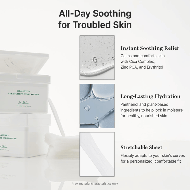 Obraz – efekt / korzyści (konwersja)
Dr. Althea Stretchfit Calming Pad które zapewniają długotrwałe nawilżenie, zmniejszają podrażnienia i chłodzą wrażliwą skórę przez cały dzień.