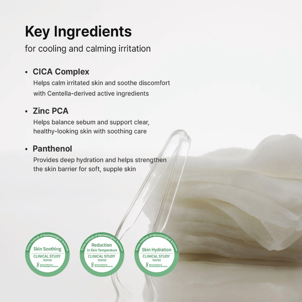 Obraz – składniki (EEAT + SEO)
Dr. Althea Stretchfit Calming Pad z CICA Complex, Zinc PCA i Panthenolem, które koją skórę, równoważą wydzielanie sebum i wzmacniają barierę skórną.
