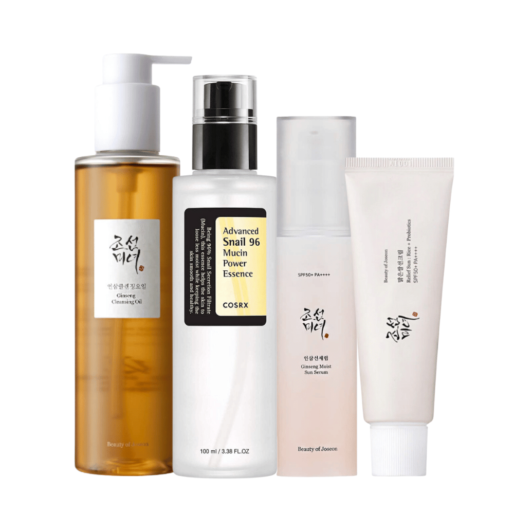 K-Beauty Zestaw Niezbędników Letnich zawiera esencję mocy śluzu ślimaka i olejek oczyszczający z żeń-szenia.