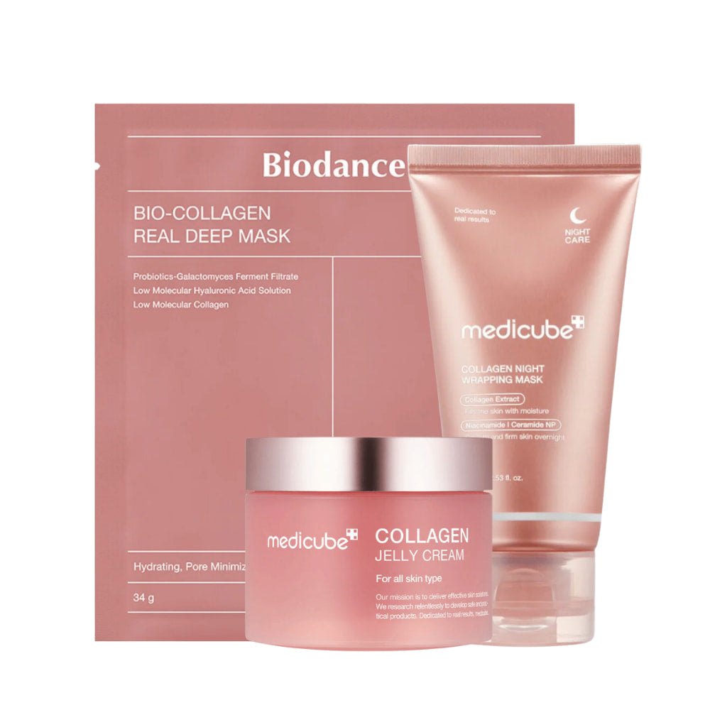 Zestaw produktów "Sweet Dreams Skincare" od Medicube, zaprojektowany w celu poprawy jędrności i blasku skóry w nocy. Zawiera "Collagen Jelly Cream", "Collagen Night Wrapping Mask" i "Bio-Collagen Real Deep Mask". Produkty te są wzbogacone kolagenem, probiotykami i kwasem hialuronowym, mają na celu nawilżenie i minimalizację porów, co daje miękką i elastyczną skórę.