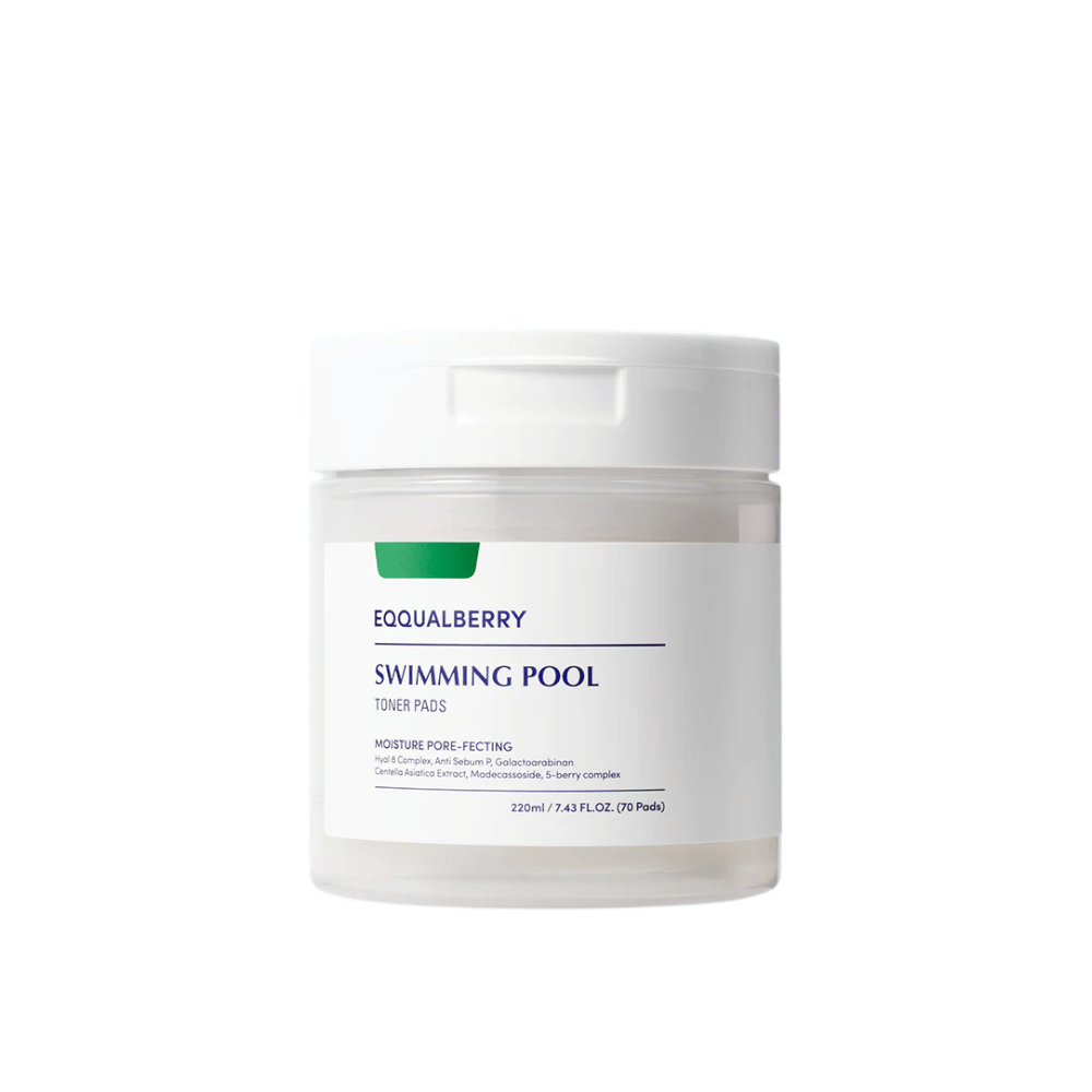 Zdjęcie produktu Equalberry Swimming Pool Toner Pads – 70 nawilżających i oczyszczających pory płatków z wegańskimi składnikami dla świeżej i zrównoważonej skóry.