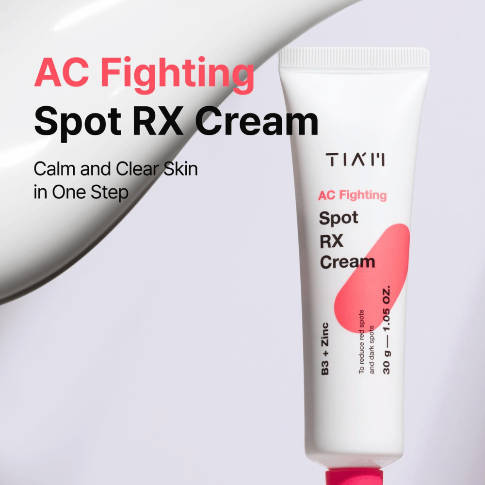 TIA'M AC Fighting Spot RX Cream – kojący krem, który w jednym kroku rozjaśnia skórę dzięki pielęgnacyjnym składnikom takim jak B3 i cynk.